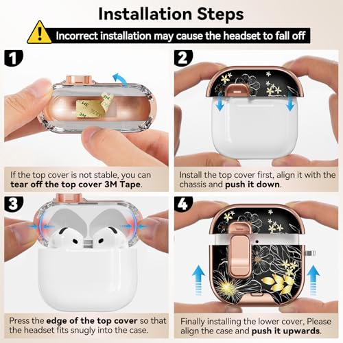 Image of for AirPods 4 Case 2024 with Safty Lock-Black Gold Leaves | As Phone Stand, for Women Girly, with Keychain & Cleaner Kit,Two-Piece Design,Support Wireless Charging,Clear TPU+PC Material