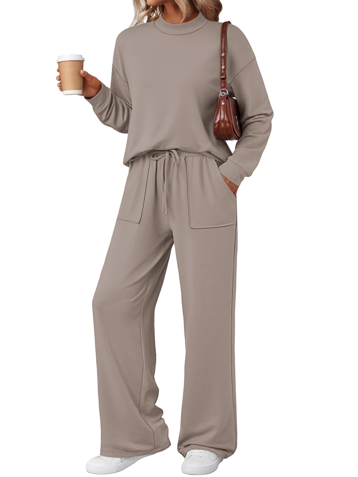 Lounge Sets Mock Neck Top Wide Leg Drawstring Pants with Pockets