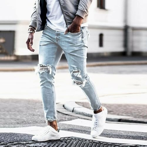 Jeans Pants Trouser Denim Ripped Elastic Tight Washed Blue Street Trendy Small Leg for Men3
