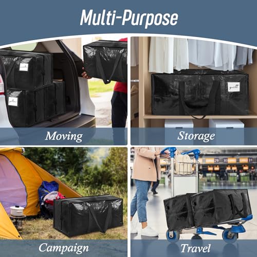 6 Pack Heavy Duty Large Moving Bags with Strong Zipper and Comfortable Handles - Sturdy Clothes Storage Totes for College Moves - Blue and Black