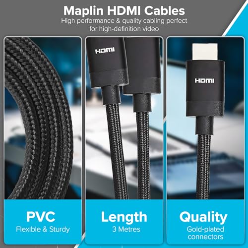 Maplin HDMI Cable 3M, Braided 8K 60fps V2.1 48Gbps High-Speed, ARC, HDR, Dolby Atmos, Compatible with TVs, Monitors, PS4/5 - Image 4