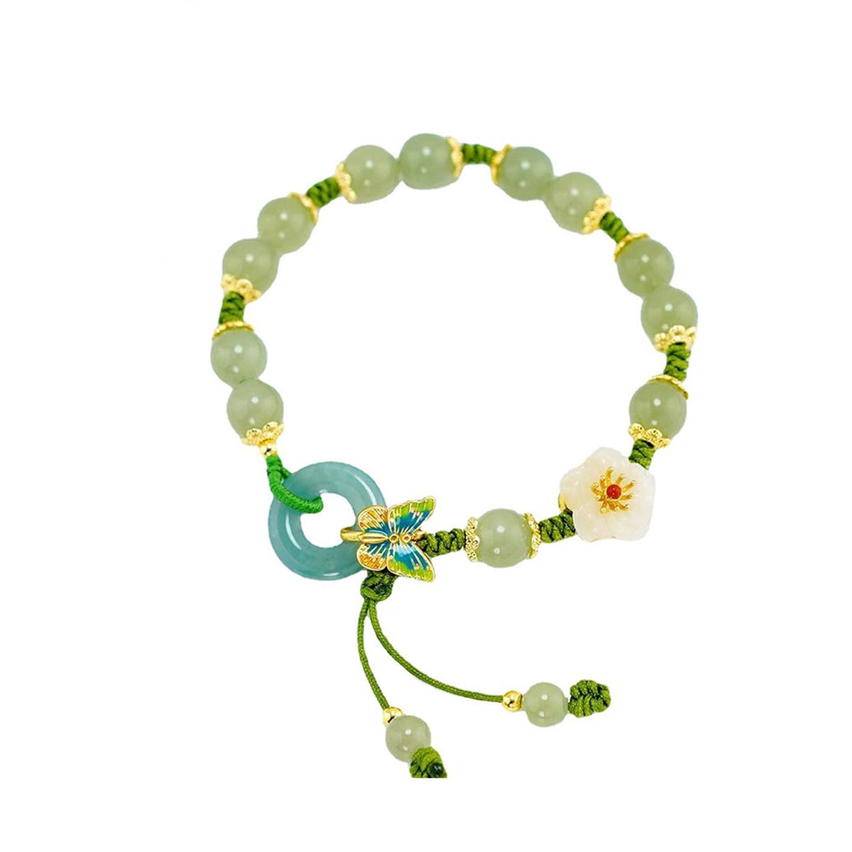 oosButterfly Natural Emerald Jade Stone Bracelet, Adjustable Peach Blossom Handmade Braided Bracelets, Butterfly Safety Button Lucky Bracelets for Women Girls Jewelry Gift (1pcs)