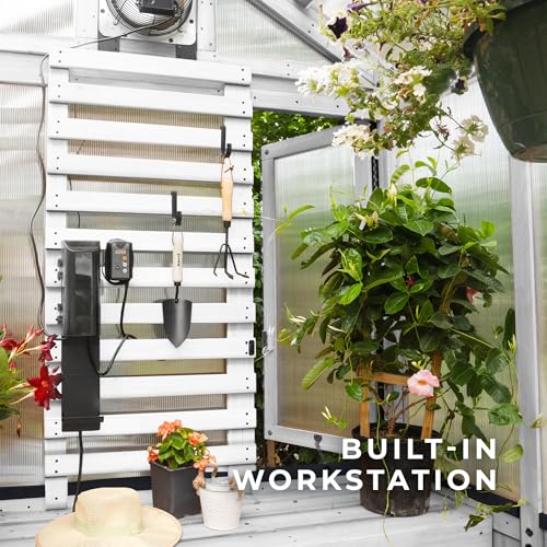 Backyard Discovery Bellerose 9' x 6' White Cedar Wood and Polycarbonate Walk-in Greenhouse Kit with Pergola, Exhaust Fan, Window, Hose Hook-Ups, PowerPort, Staging Shelves for Outdoor Gardening - image 7