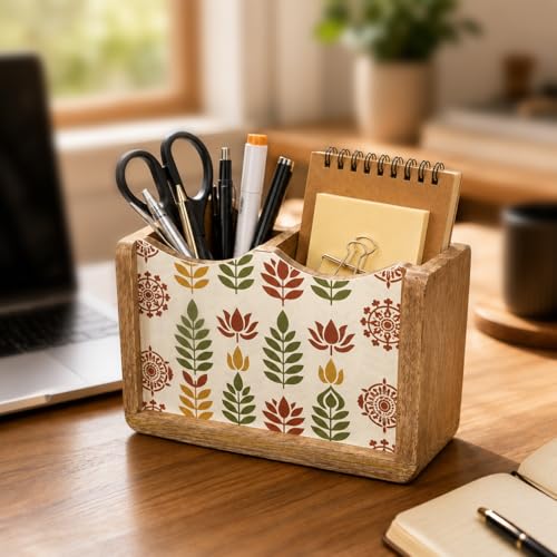 Image of The Earth Store Wooden Leafon Cutlery Holder 2 Division | 6 Inch White & Brown Spoon & Utensil Organizer | Table Top Kitchen Cutlery Stand for Dining Table & Counter Storage