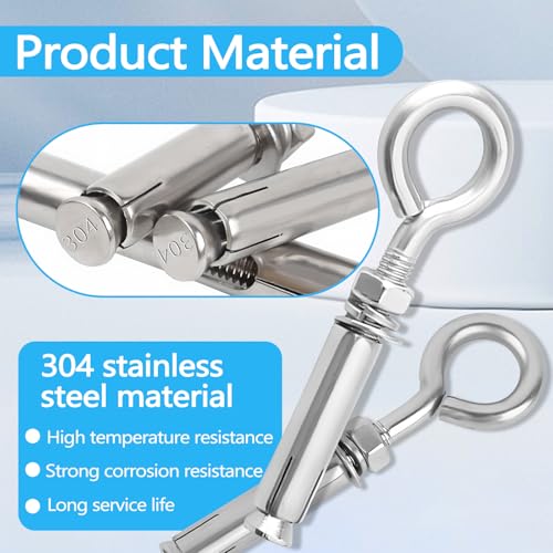 Fatiya 5 Pack Expansion Concrete Wall Anchors Eye Bolts Screw, 304 Stainless Steel Concrete Wall Hooks - Image 4