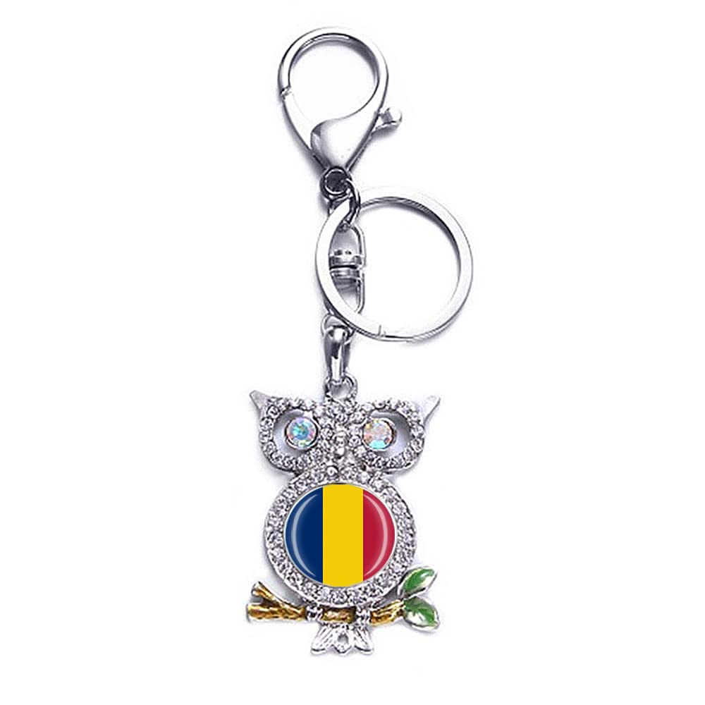 Wedarego Men's Romania Flag 3D Owl-Shaped Metal Keychain Keyring Souvenir Bag Decoration Wo Pendant Accessories Gift