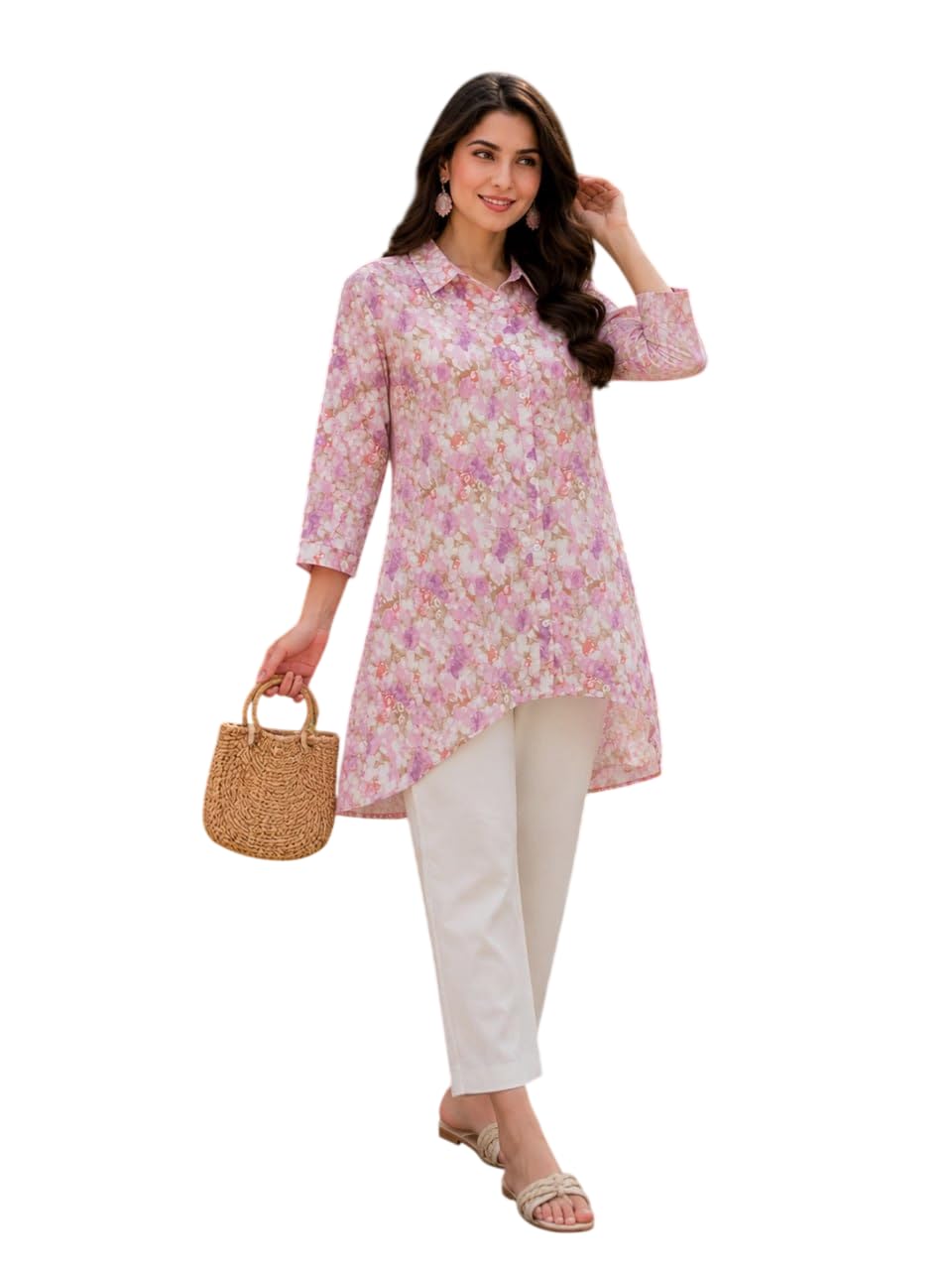 goshopycraft women's floral printed cotton long shirt | 3/4 sleeve shirt collar button down high-low hem regular fit casual office college tunic top for women