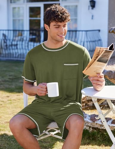 Image of Ekouaer Men's Pajamas Set Casual Short Sleeve Shirts and Shorts Soft 2 Piece Loungewear With Pockets