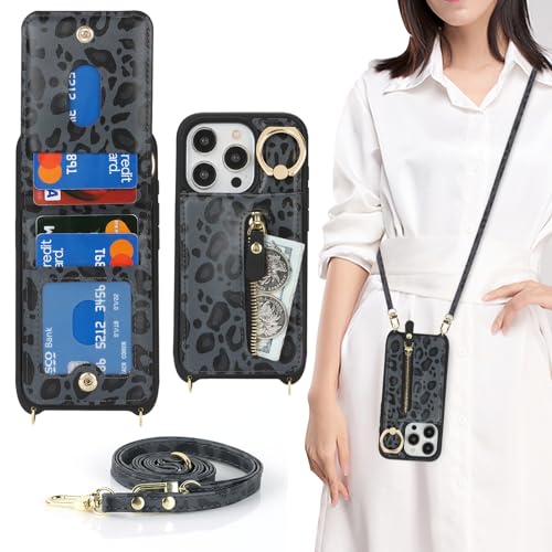 DEYHU for iPhone 15 Pro Wallet Case with Card Holder, for iPhone 15 Pro Case Wallet with Strap Credit Card Slot, Crossbody Bag with Zipper Case for iPhone15 Pro - Black Leopard