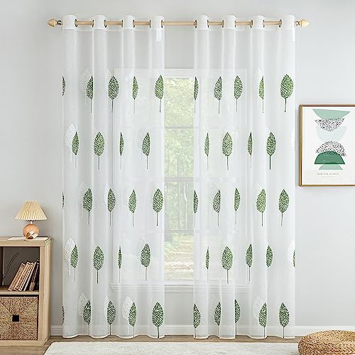 MIULEE Cortinas de Salon Modernas con Bordado de Hojas, Cortinas Dormitorio Translucidas 2 Piezas con Ojales, Decorativas Visillos para Ventanas Habitacion (2X A140 x L245 cm, Hojas Blancas y Verde)