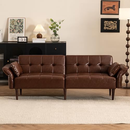 Image of HALLYBEE Futon Sofa Bed, Sleeper Sofa, Small Couch with Storage Adjustable Armrests Pillows, Faux Leather Loveseat, Mid Century Modern Couches for Living Room, Bedroom, Apartment, Red Brown