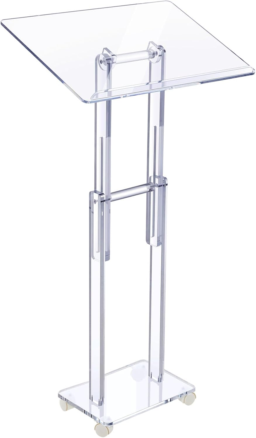 Acrylic Podium Stand Clear Lecterns Pulpits for Classroom Office Concert Lecture 23.6'' x 15.7'' Angle Height Adjustable Rolling Pulpits with Lockable Wheels for Churches Mobile Pulpit Podium
