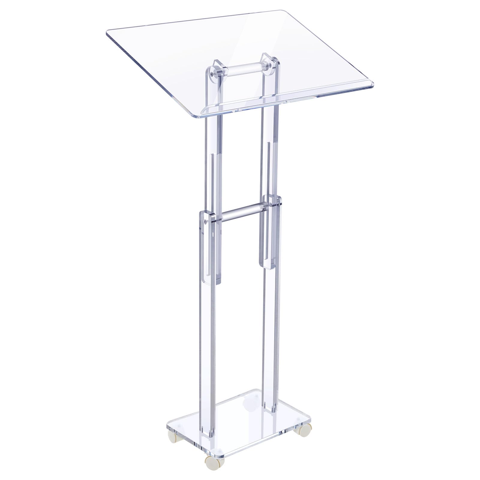 Acrylic Podium Stand Clear Lecterns Pulpits for Classroom Office Concert Lecture 23.6'' x 15.7'' Angle Height Adjustable Rolling Pulpits with Lockable Wheels for Churches Mobile Pulpit Podium