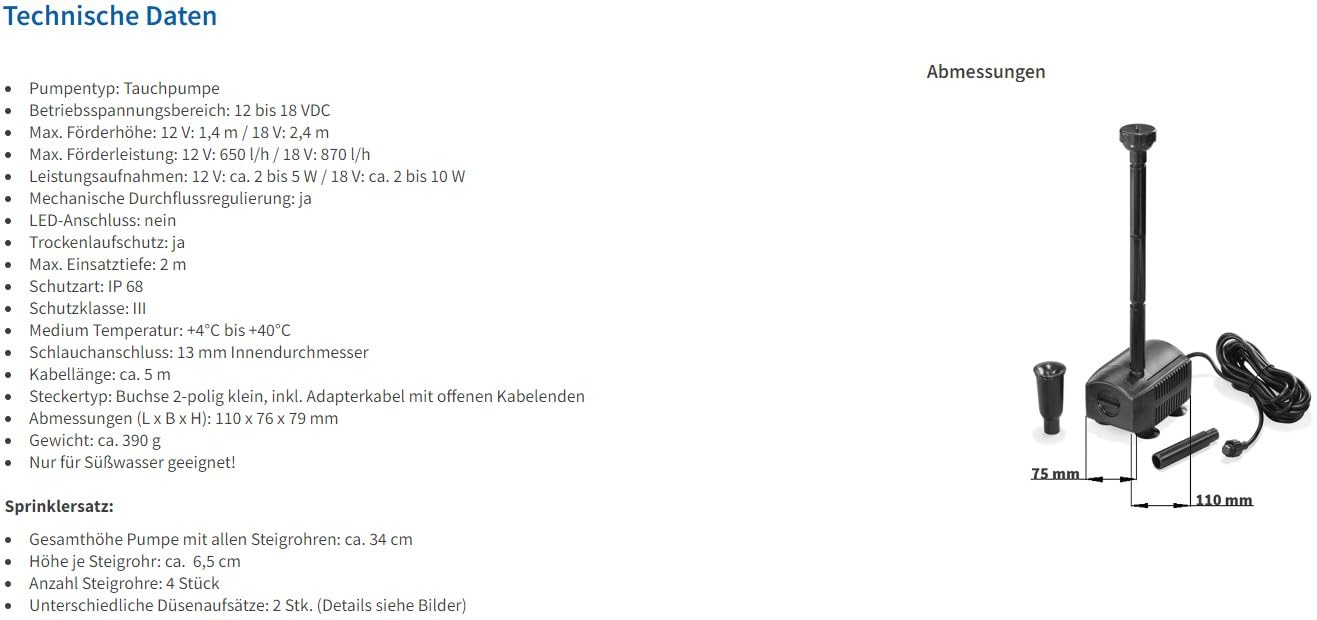 esotec Teichpumpe mit Sprinklerset, Springbrunnenpumpe, Wasserspiel Pumpe, Solarbrunnen Pumpe 870 l/h 12-18 VDC IP68 außen 101991