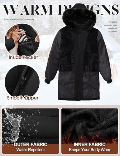 Tuopuda Winterjacke Damen Lang Wintermäntel Damen Warm Winter Slim Fit Jacke Mantel Fleece Gefüttert Daunenmantel Parka Steppmantel Winterparka Outdoorjacke mit Kapuze Übergangsjacke, Schwarz, M