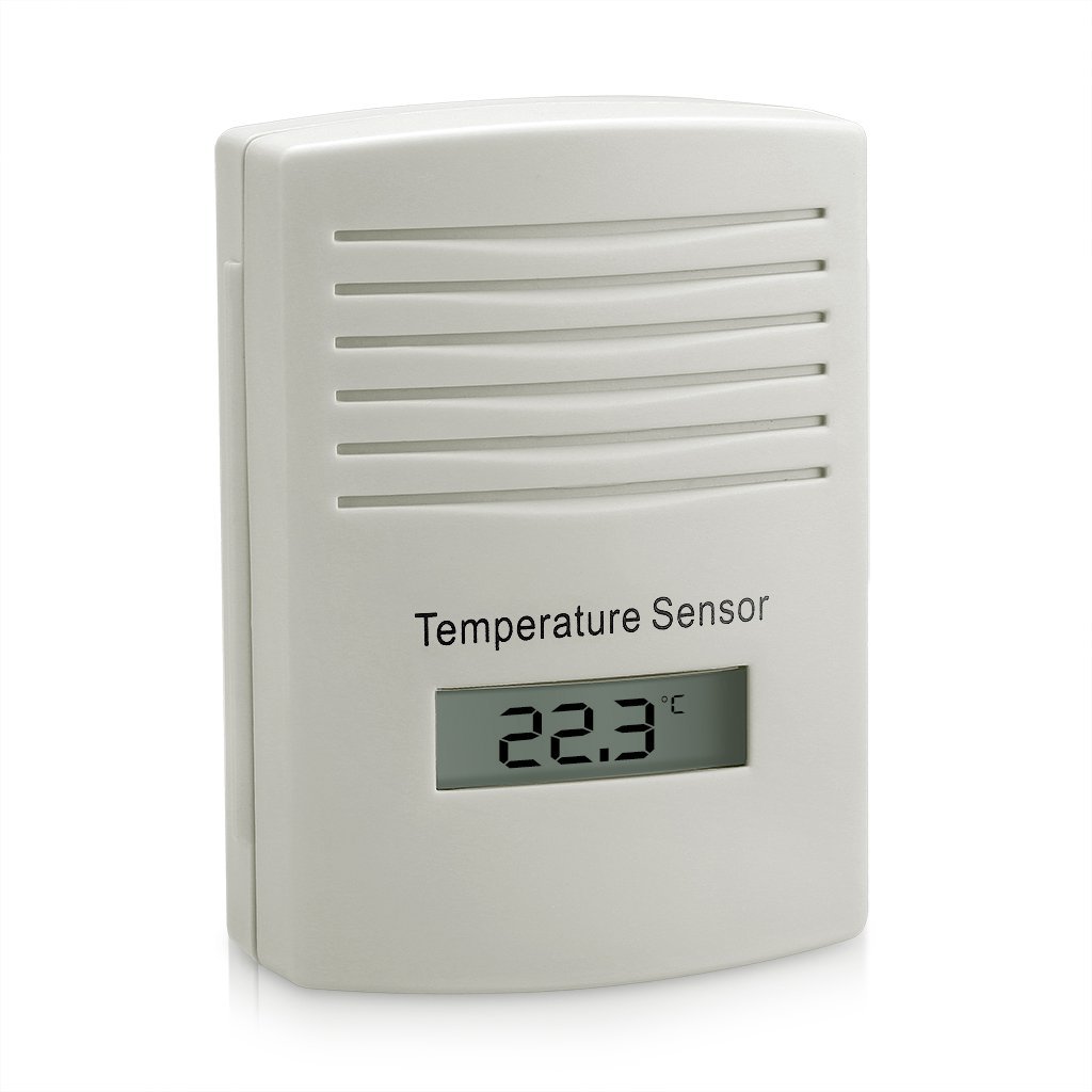 Back of the EXCELVAN WH1281 outdoor temperature sensor showing the battery compartment and model information.