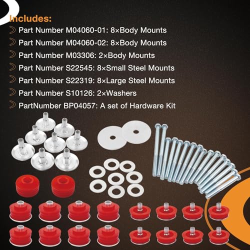 Body Mount Bushing Kit Compatible with Ford F250 F350 Super Duty 2008-2016 2WD 4WD Polyurethane Body Cab Mounts & Steel Sleeves & Hardware (Red) KF04060BK
