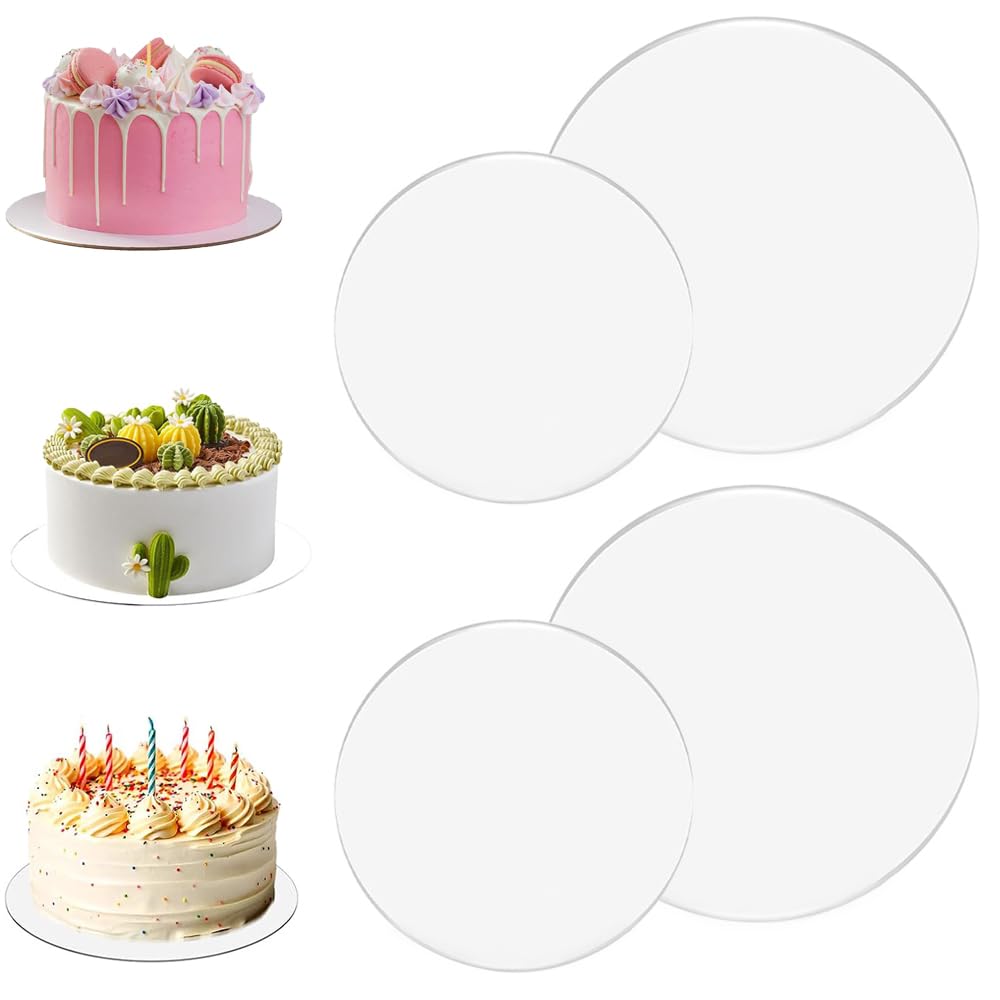 TRKETK 4 Pcs Acrylic Cake Disc, Thick Round Base Board Birthday Display Stand 15cm/ 20cm Circle Cake Bases Reusable Clear Blanks Plates for Baking DIY Dessert and Crafting