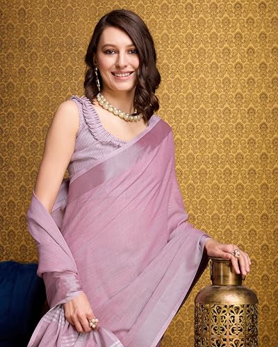 Image of SWORNOF Women's Linen Cotton Silk Saree with Unstitched Blouse Piece | Saree for Women | Saree with Blouse Piece | Soft and Skin Friendly