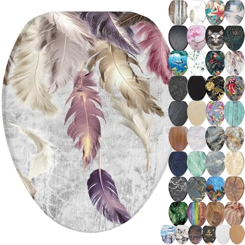 SANILO Wooden Toilet Seat with Soft Close [ELONGATED] - Decorative, Quiet & Slow Close Molded Wood Seat - With Strong Bumpers & Hinges - Adjustable Fit - Feathers