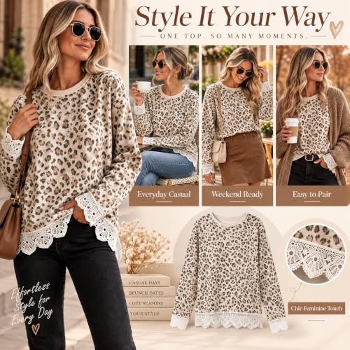 Leopard Sweatshirt for Women, Crewneck Long Sleeve Pullover with Lace Trim - image 5