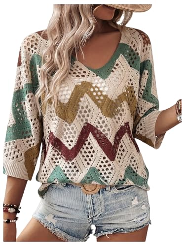 Image of Verdusa Women's Crochet Beach Summer Sweater 3 /4 Length Sleeve Boho Off The Shoulder Tops