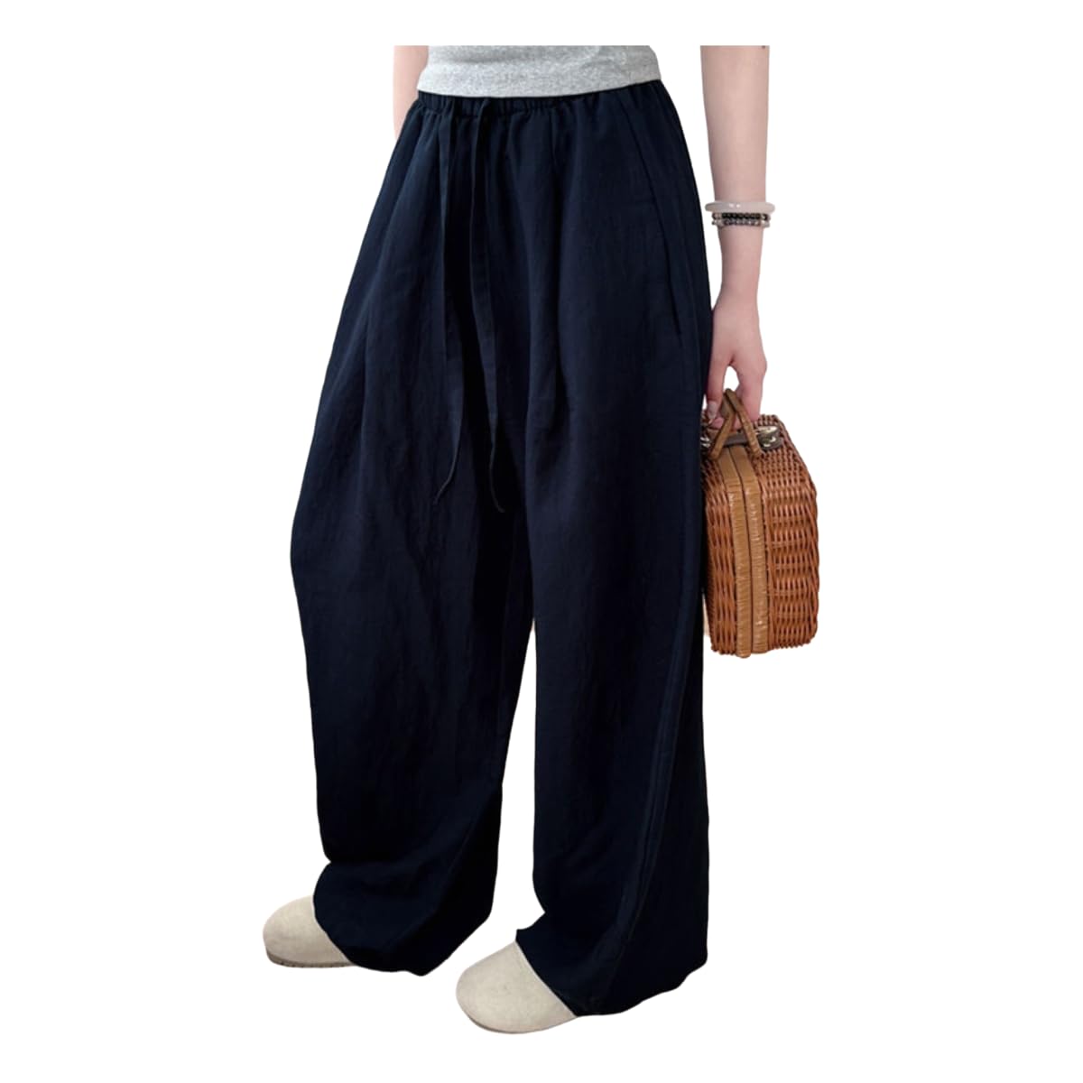 Damen Jeans Hohe Taille, Drapierte, Schlankende Breitbeinhose Für Damen, Leichte Und Atmungsaktive Leinenhose -Marine-s