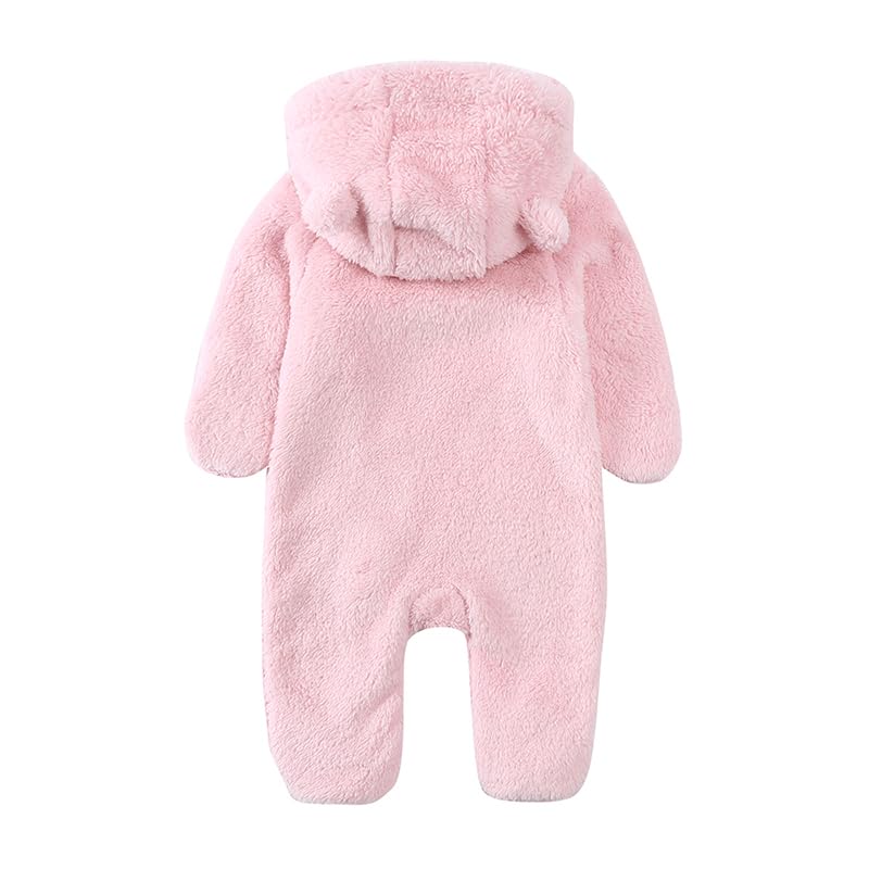 IADOER Baby Newborn Snowsuit Fleece Footie Winter One-Piece Suit Cartoon Bear Warm Hooded Jumpsuit Outwear Outfits for Girls Boys(Light Pink,6M)