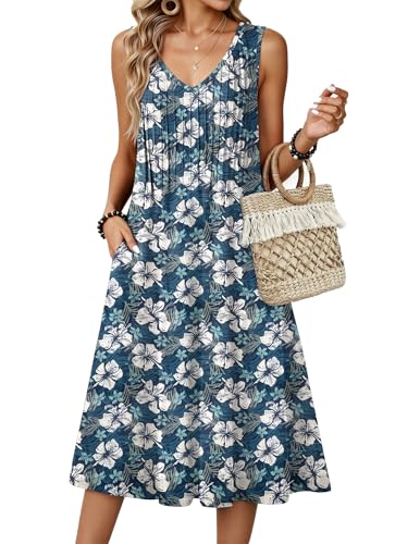 Image of Zeagoo Women Summer Casual Dresses 2026 Sleeveless Midi Pleated Tank Sundress with Pockets V Neck A Line Swing Tshirt Dress