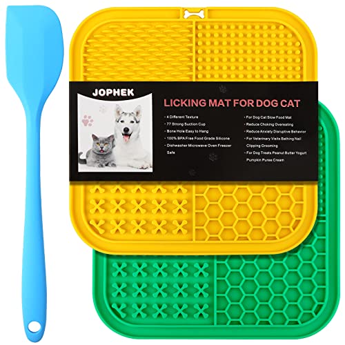 JOPHEK Hunde Leckmatte 4 Formen, 2 Stück Schleckmatte Katzen mit 1 Silikonspatel, Slow Feeder Hunde Treat Matte Leckpads, BPA Frei für Hundebaden, Trainieren, Fellpflege(Gelb + Grün) Cover