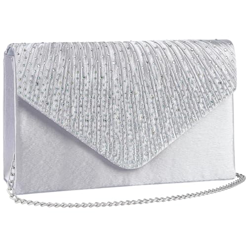 wocharm Womens Ladies Satin Diamante Clutch Bag Envelope Handbag Evening Bridal Bag Wedding Fashion Prom Vintage Shoulder Bags(Silver)