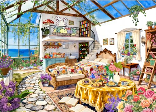 1000 Piece Jigsaw Puzzle for Adults - Cozy Sunroom by The Sea with Flowers Books - Large Premium Paper Puzzle for Relaxation Home Decor and Gift - 27.5" x 19.7"