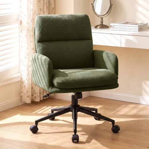Image of Comfortable Ergonomic Office Chair, Upholstered Desk Chair with Double-Layer Cushioning, Adjustable Height Swivel Task Chair with Padded Armrests, Rolling Wheels and Metal Base, Green