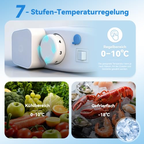 Petit réfrigérateur avec congélateur 112 L, mini frigo compact 2 portes, thermostat 7 niveaux, LED, clayettes ajustables, chambre et bureau, crème