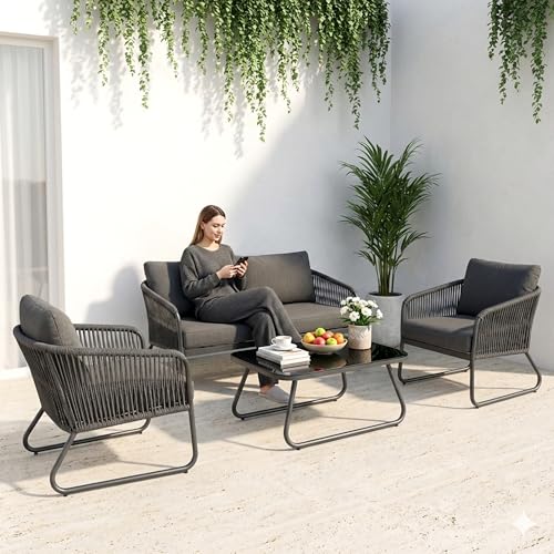 Image of Amazon Brand - Solimo Solix Outdoor Rope Sofa Set | Balcony Sofa | Patio Conversation Sets | Braided Rope Garden Sofa Set and Center Table (4 Seater-Grey New)