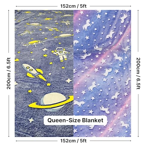 Image of Famyo Glow in The Dark Flannel Fleece Blanket Combo 200x152 cm | Astro & Unicorn Purple, soft all-season double /queen bed blanket, warm cozy throw for kids & home