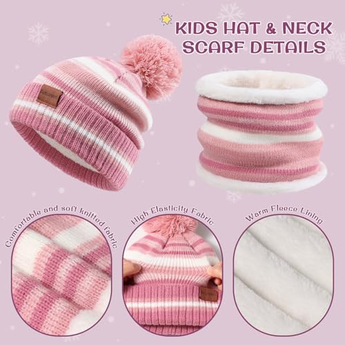 Kids Winter Hat Gloves Scarf Set: Girls Boys Beanie Hats Gloves Knit Set with Thick Warm Fleece Lined For Ages 6-10 Children3
