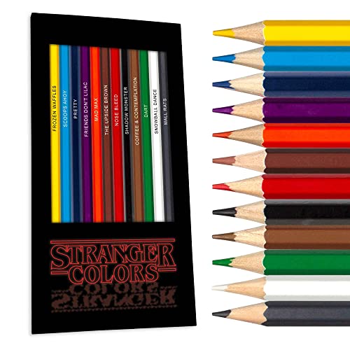 Pun Labs Stranger Colors Colored Pencils - 12 Stranger Things-Inspired Parody Pencil set with Clever Foil-Stamped Names, Soft Core Colored Pencils for Drawing - Ideal Stranger Things-Fan Gift