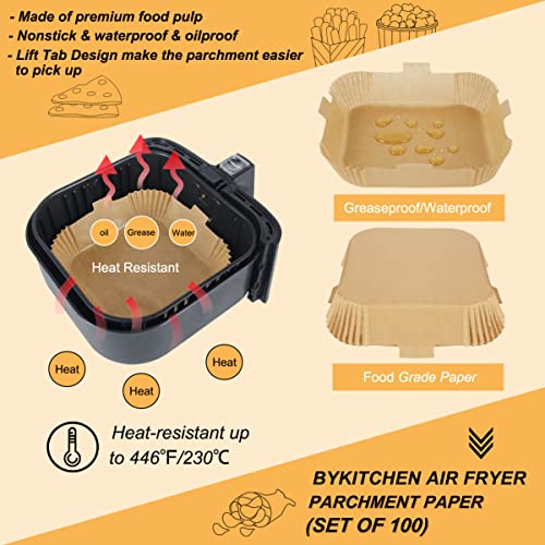 Image of BYKITCHEN 100pcs Air Fryer Parchment Paper Liner, Square Air Fryer Liners Disposable, Greaseproof Paper for Air Fryer, Compatible with COSORI, Ninja Double Stack SL300UK, Tower (Unbleached)