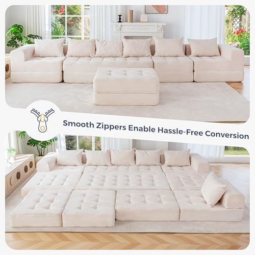 Image of MAXYOYO Modular Sectional Sofa Couch, Foldable U Shaped Cloud Couch with Pillows, Tufted 7-Seat Boneless Lounger Floor Sofa Bed for Living Room, No Assembly Required, Beige