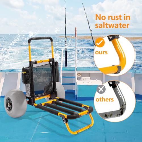 Bonnlo Beach Fishing Cart, Beach Wagon Trolley with 12" Big Balloon Wheels for Sand Foldable Beach Trailer with 23" x 15" Cargo Deck, Fishing Rods Holder, Water Bottle Holder, Mesh Bag, Hand Pump