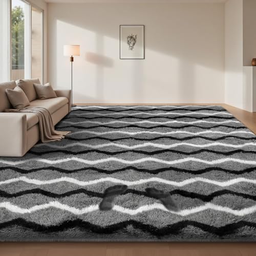 Sour Lemon Tapis De Salon Poils Longs Grand Tapis de Sol Doux et Moelleux pour Chambre Design Moderne Dessous Antidérapant Lavable, Tapis Rayé Gris Foncé et...