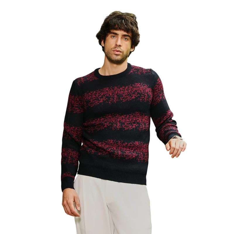 Men Sweater | Crew Neck, Long Ribbed Cuff Sleeves | Pull On, Ribbed-Straight Hem | Abstract Jacquard | Knitted Fabric for Casual Crimson Red-image-44
