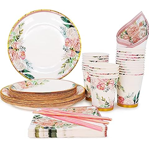 Boosolo Floral Party Supplies paper plates and Napkins Sets for 24 Guest-Include Floral Disposable Paper Plates,Cups,Napkin forr Bridal Shower,Birthday,Wedding,Bachelorette party Supplies Cover