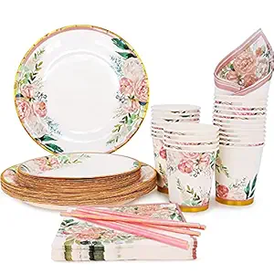 Floral Party Supplies paper plates and Napkins Sets for 24 Guest-Include Floral Party Disposable Paper Dinner Plates,Cups,Napkin for Baby or Bridal Shower,Birthday,Wedding,Bachelorette party Supplies