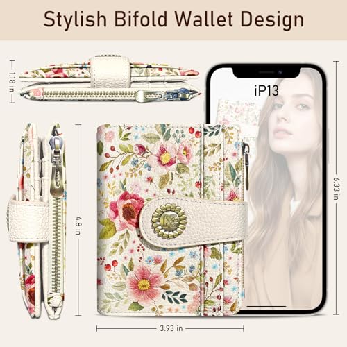 Image of Kelvoris Red Flower Floral Small Rfid Women Wallet Bifold Zipper Coin Pocket PU Leather Compact Cash Credit Card Holder Travel Wallet for Female Ladies Teen Girls 1 ID Window 10 Card Slots