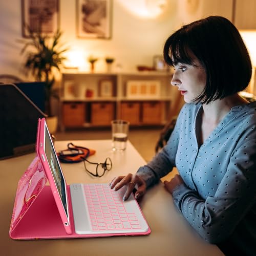 Image of DTTO for iPad 9th /8th /7th Generation 10.2 inch Case 2021 /2020 /2019 with Keyboard, 7 Colors Backlit Wireless Detachable Keyboard Premium Leather Folio Cover with Pencil Holder & Pocket, Watermelon Marble