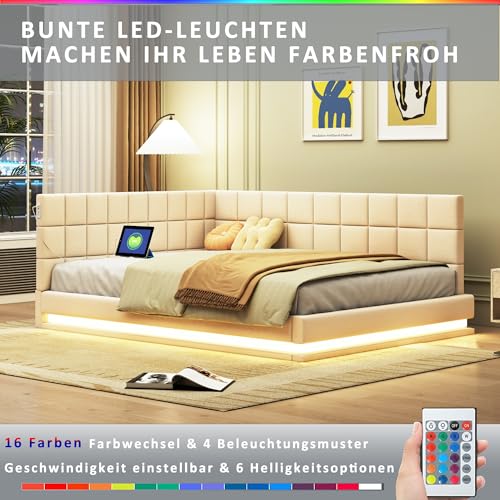 Kayan Polsterbett 140x200 mit LED und USB, Daybett Tagesbett Schlafsofa Multifunktionsbett mit Lattenrost, Hautfreundlicher Samtstoff, Ohne Matratze