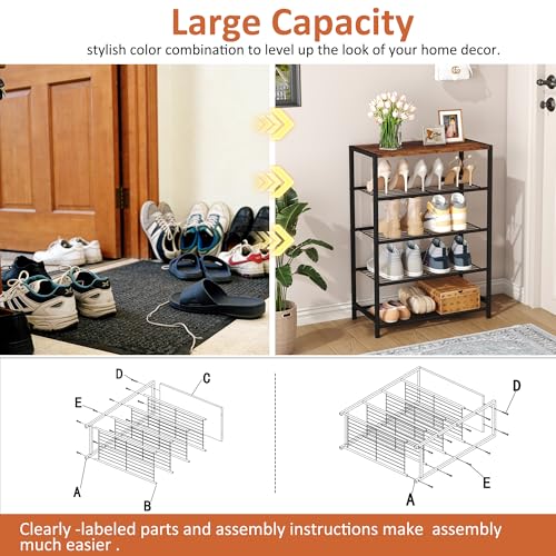 Image of HOMEFORT 5-Tier Shoe Rack, Shoe Storage Shelf with MDF Top Board, Shoe Rack Organizer, Each Tier Fits 3 Pairs, Entryway Shoe Stand with Sturdy Shelves, Rustic Brown