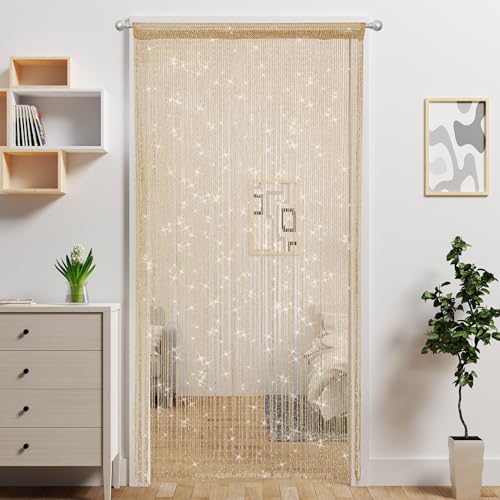 Ateasierlife Door String Curtain Doorway Beads Curtains Hanging Room Divider Beaded Decor Hippie Glitter Fringe Panel Closet Window Wall Backdrop Doors Sequin Sheer Boho Doors Tassel (Champagne)